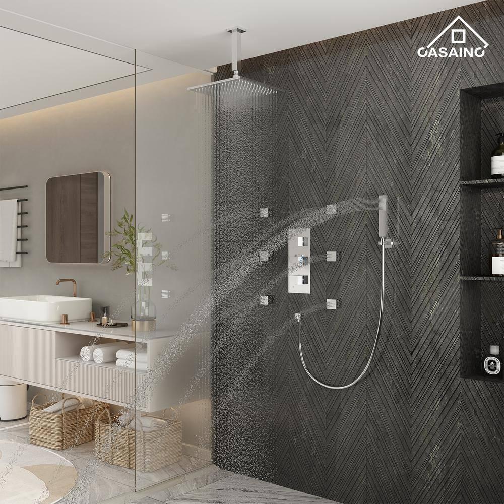 3-Function Luxury Ceiling Mount 12 Inch LED Thermostatic Shower System with 6 Body Jets