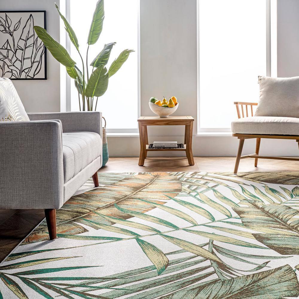 Nuloom Elen Pet Friendly Machine Washable Natural Leaves Area Rug, 4' x 6', Sage Green