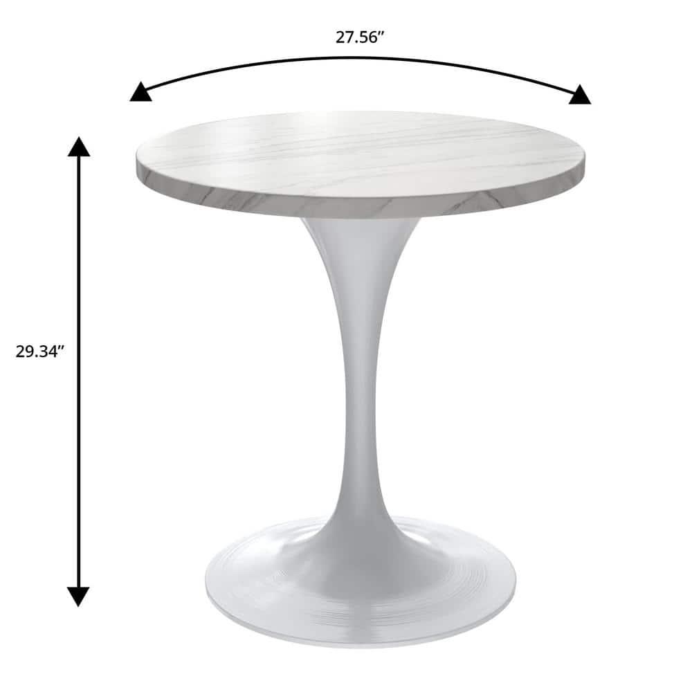 LeisureMod Verve 27" Round Dining Table - Sintered Stone Top with Modern White Pedestal Base Accent Side Table for for Kitchen and Home