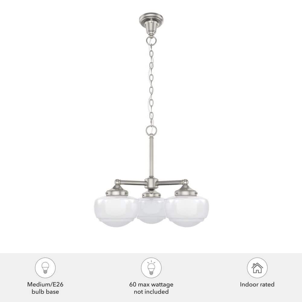 Hunter - Saddle Creek 3-light Brushed Nickel, Medium Size Chandelier, Dimmable, Schoolhouse Style, Candle Shaped, for Bedrooms, Kitchens, Dining, Living Rooms - 19355