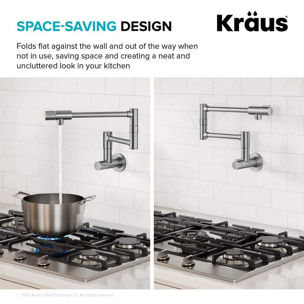 KRAUS Bolden 2 Handle Pot Filler Faucet With Retractable Arm, Wall Mount Kitchen Faucet, Pot Filler For Over Stove