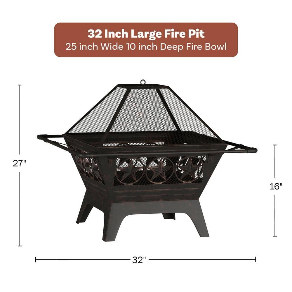 Pure Garden 32-Inch Square Outdoor Fire Pit - Star Wood Burning Firepit