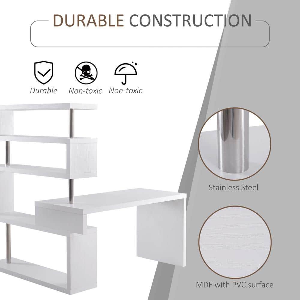 HomCom Modern L-Shaped 360° Rotating Computer Desk Corner Home Office Study Workstation with 5-Tier Storage Shelves, Bookshelf, White