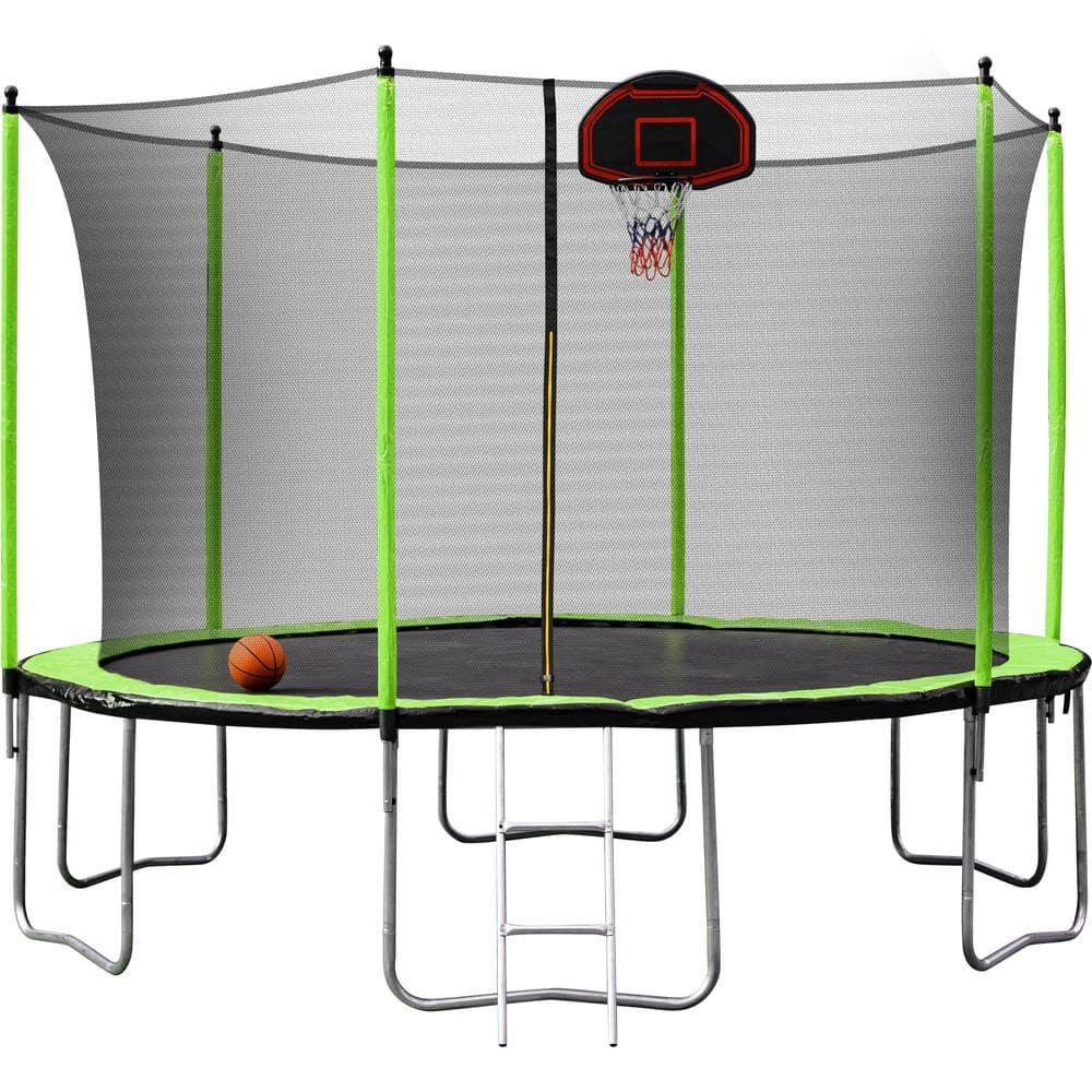 12FT Round Tranpoline with Safety Enclosure Net and Ladder for Kids, Straight Poles Recreational Outdoor Trampoline with Basketball Board and Ball, Weight Capacity 264 LBS, Green