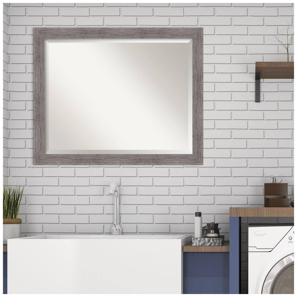 31" x 25" Pinstripe Narrow Framed Bathroom Vanity Wall Mirror Gray - Amanti Art: Beveled, Polystyrene Frame, Wall Mount