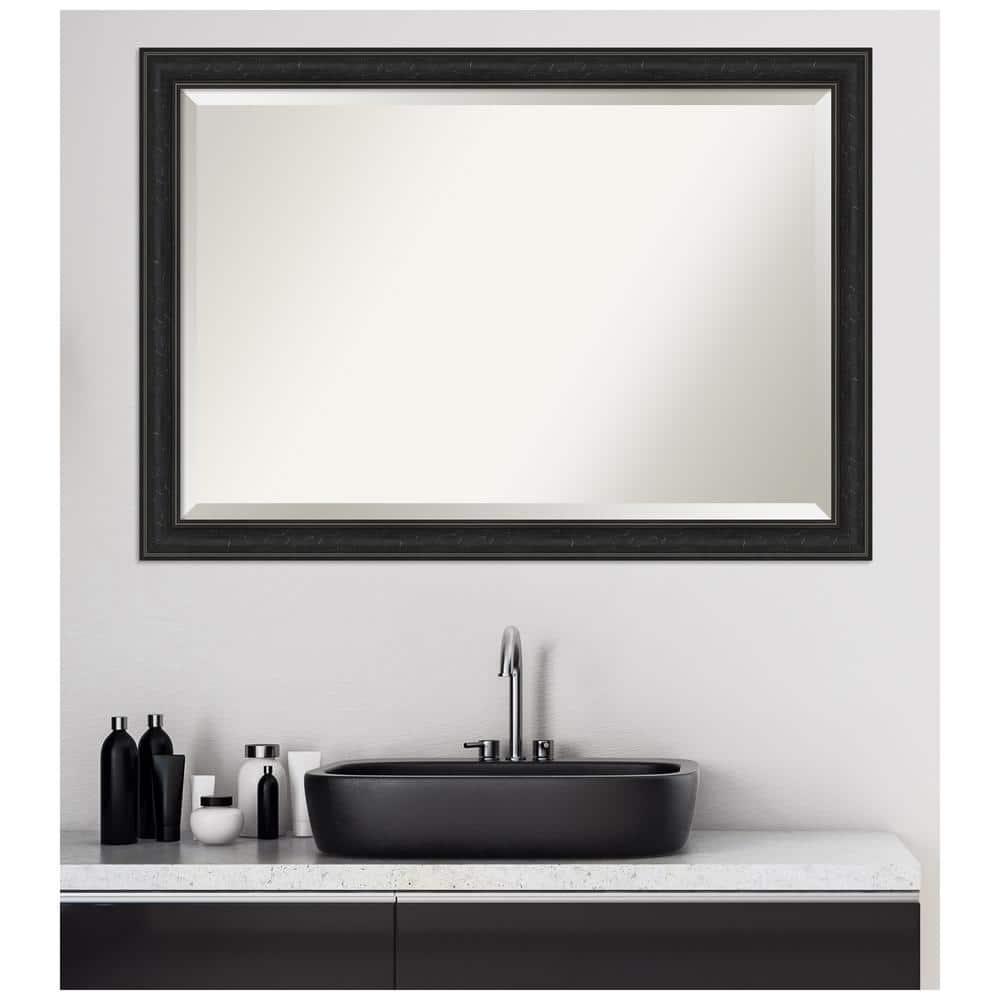 Amanti Art Beveled Bathroom Wall Mirror - Shipwreck Black Narrow Frame Outer Size: 40 x 28 in