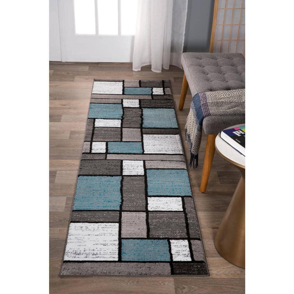 World Rug Gallery Contemporary Modern Boxed Color Block Blue Gray 2'x10' Runner Rug