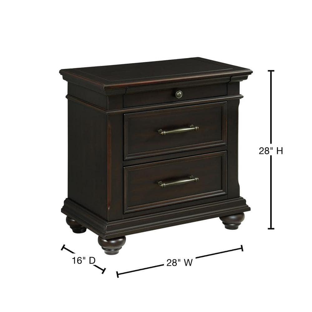 Brooks 3 Drawer Nightstand with USB Ports Black - Picket House Furnishings: Bedroom Storage, Felt-Lined Drawer