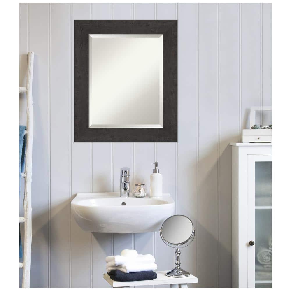 Amanti Art Beveled Bathroom Wall Mirror - Rustic Plank Espresso Frame Outer Size: 21 x 25 in