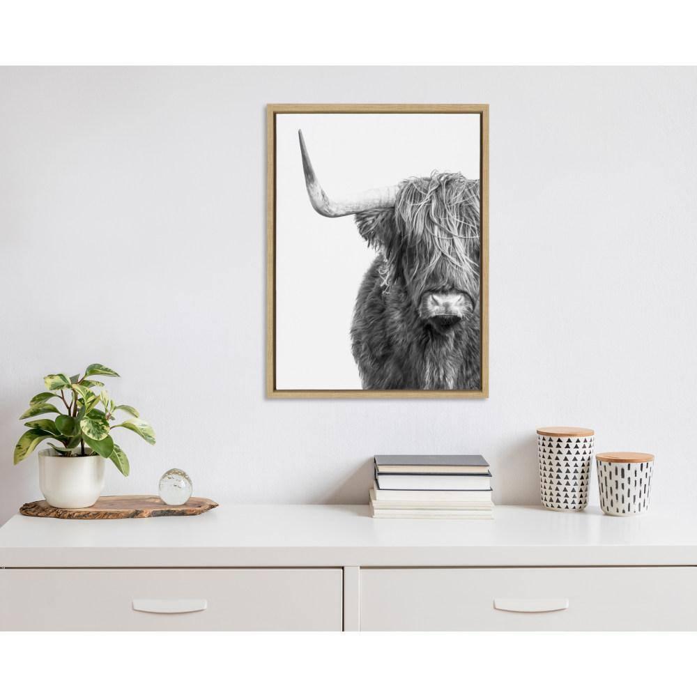 Black and White Highland Cow Canvas Print with Natural Wood Frame