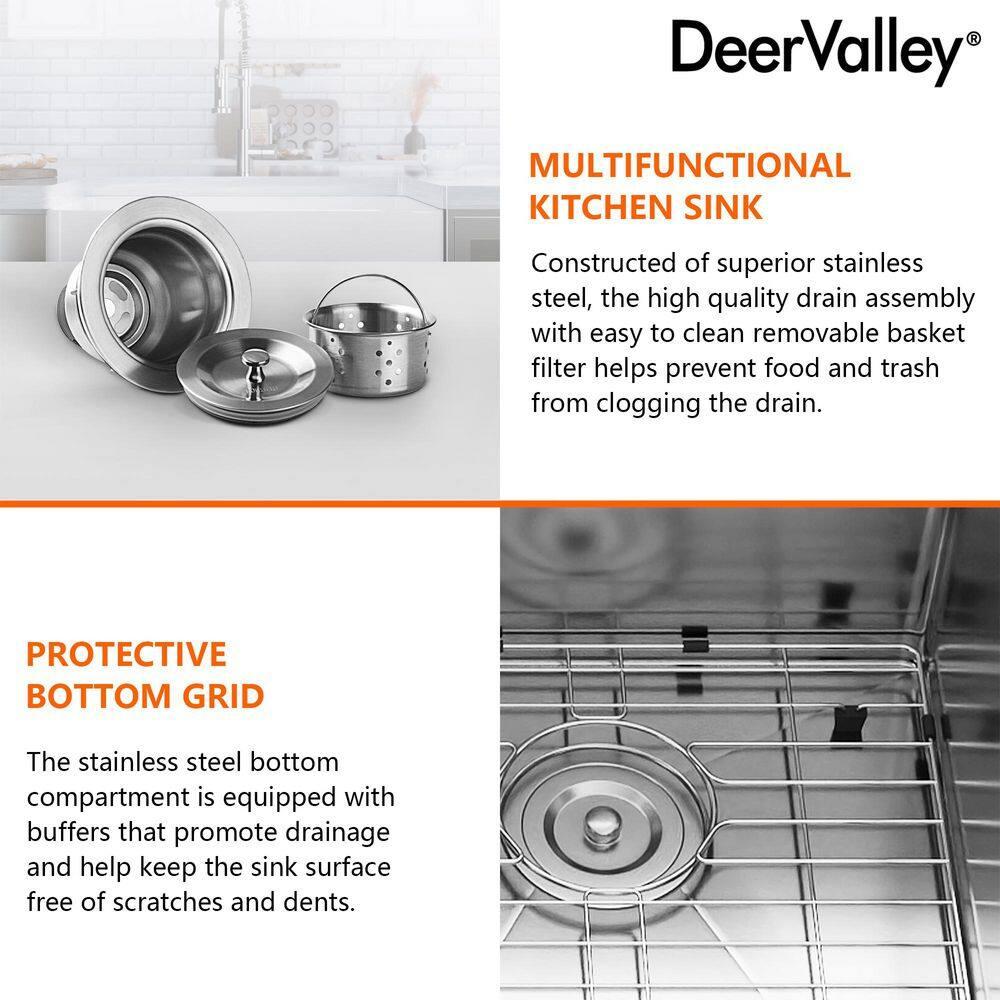 DeerValley 33'' L Undermount 50/50 Double Bowl Stainless Steel Kitchen Sink with Basket Strainers and Stainless Steel Grids