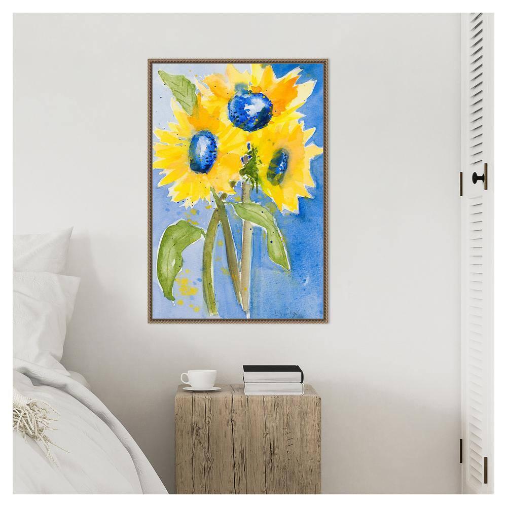 23"x33" Sunflowers by Krinlox Framed Canvas Wall Art Print Bronze - Amanti Art: Modern Botanical Lithograph, Polystyrene Frame