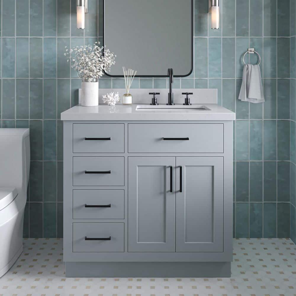 Thornaby 36'' Solid Wood Single Bathroom Vanity with 1.5'' Carrara Quartz Top, Left Offset Oval Sink