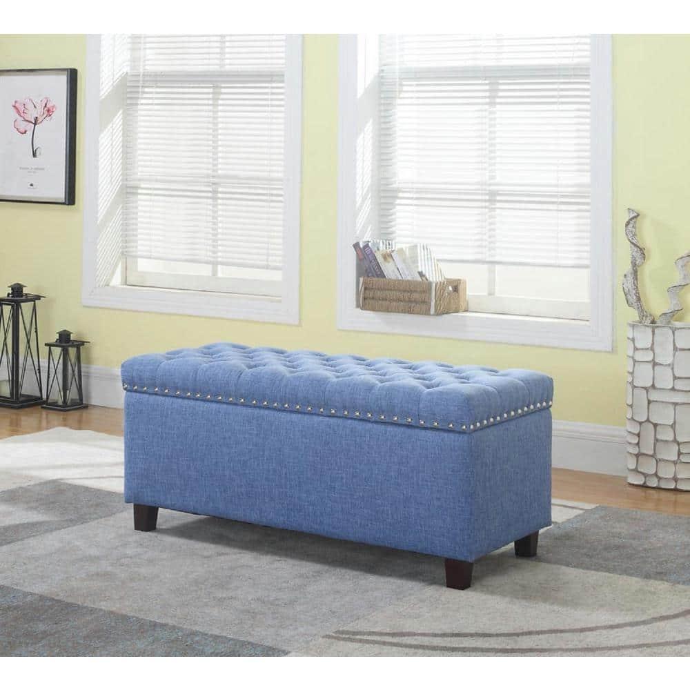 Nathaniel Home, Modern Storage Ottomans, Rectangular Ottomans with Storage, Nailhead Trim Ottomans, Upholstered Ottoman Coffee Table for Bedroom Blue