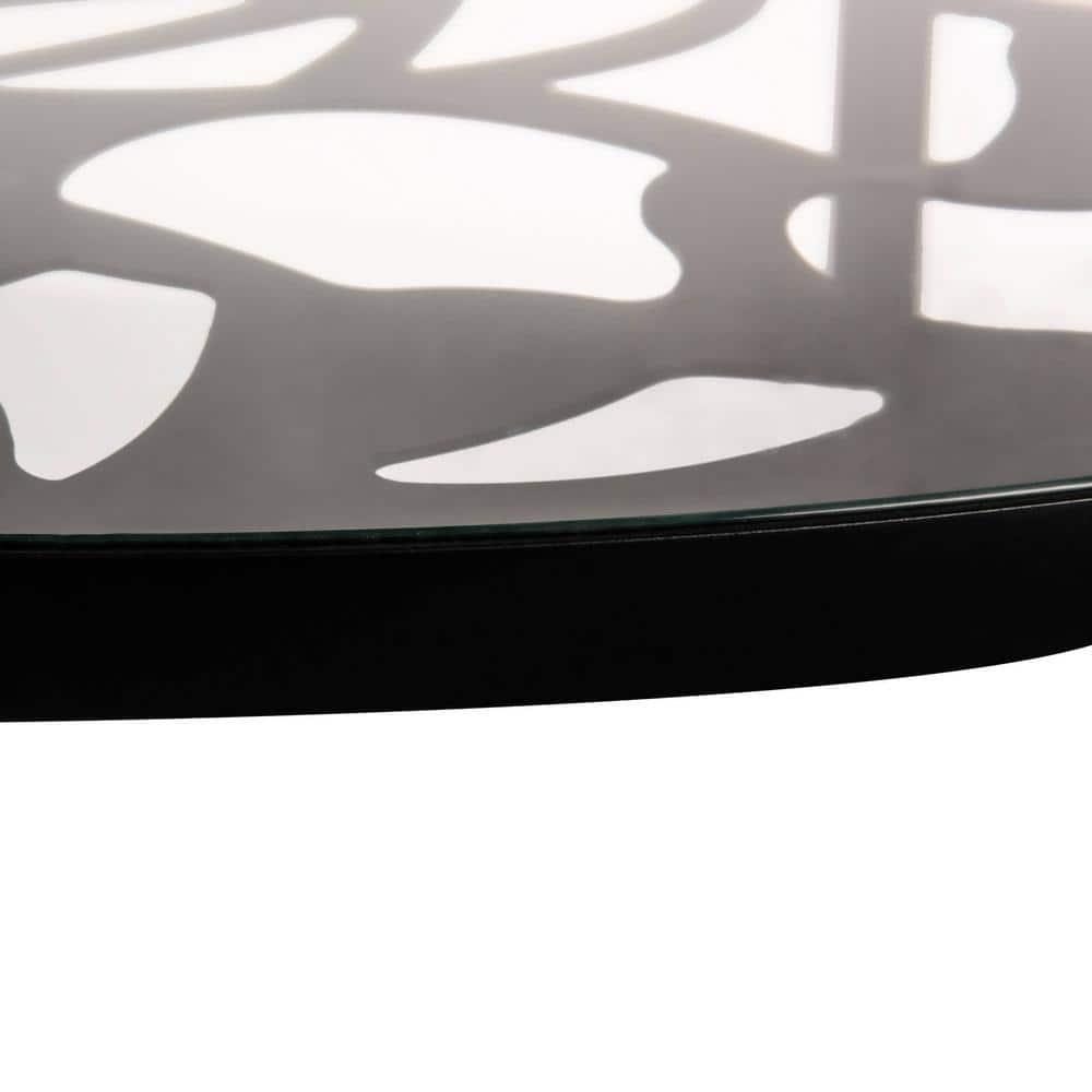 LeisureMod Devon Mid-Century Modern 7-Piece Aluminum Outdoor Patio Dining Set with Tempered Glass Top Table and 6 Stackable Flower Design Chairs for Patio, Balcony, and Backyard Garden (Black)