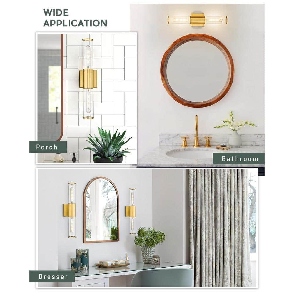 Progress Lighting Clarion 2-Light Brushed Nickel Glass Modern Bath Vanity Light, Satin Brass, Cylindrical Shade