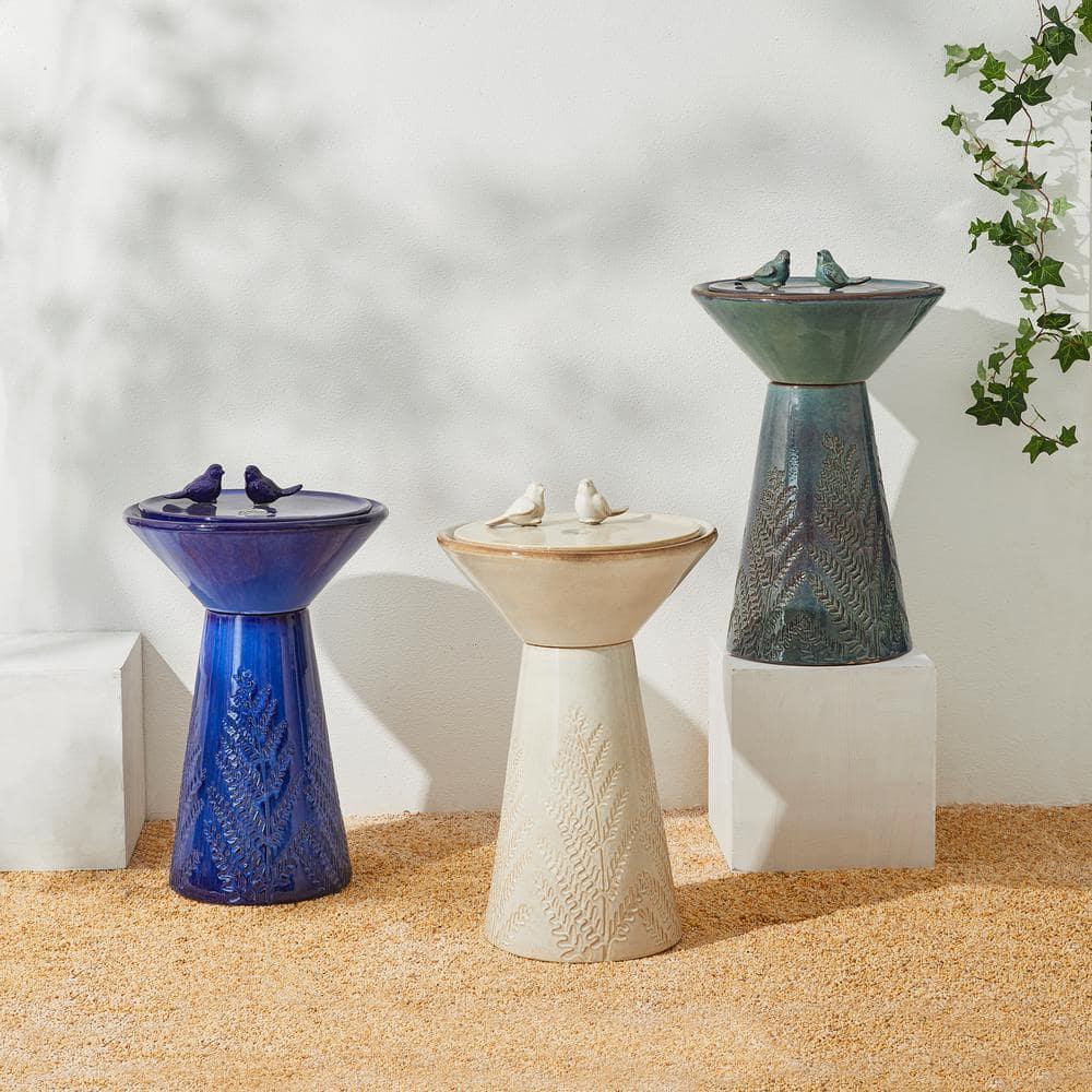 Glitzhome 27.5" Fountain with Pump and LED Light Embossed Pedestal Ceramic Bird Bath, Turquoise