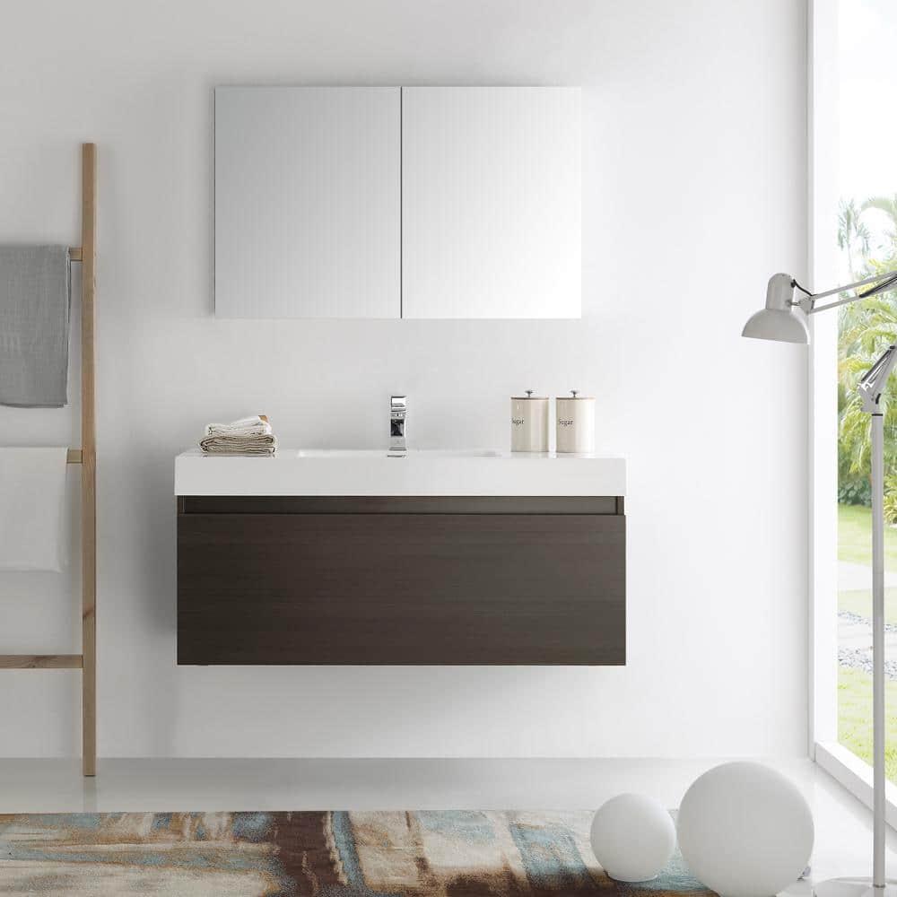 Gray Oak Wall Hung Vanity with Integrated Sink and Medicine Cabinet