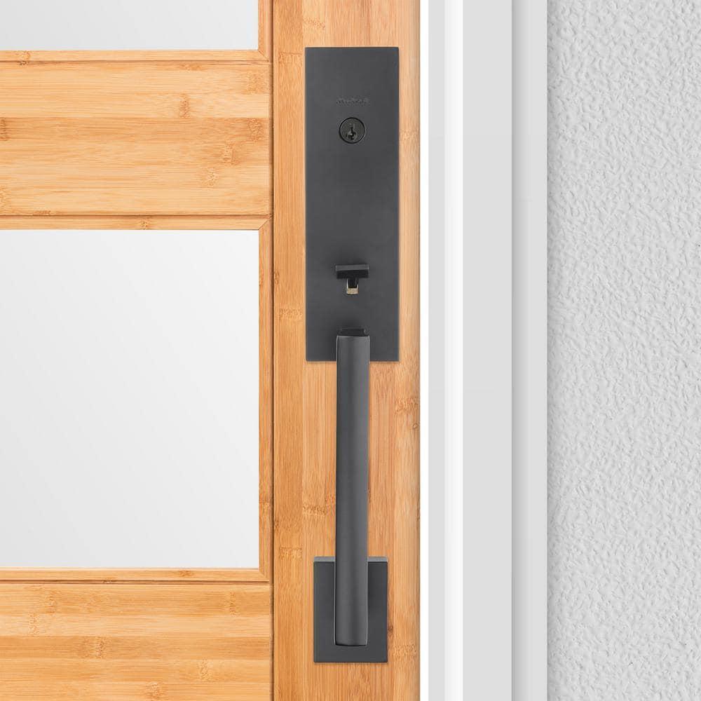 Vancouver Matte Black Keyed Entry Door Handleset with Halifax Passage Handle Featuring SmartKey Security