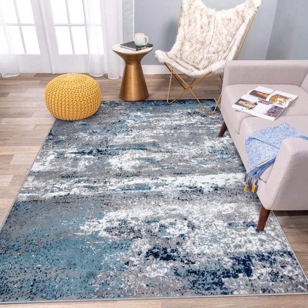 World Rug Gallery Distressed Abstract Watercolor Blue 6'6" x 9' Area Rug