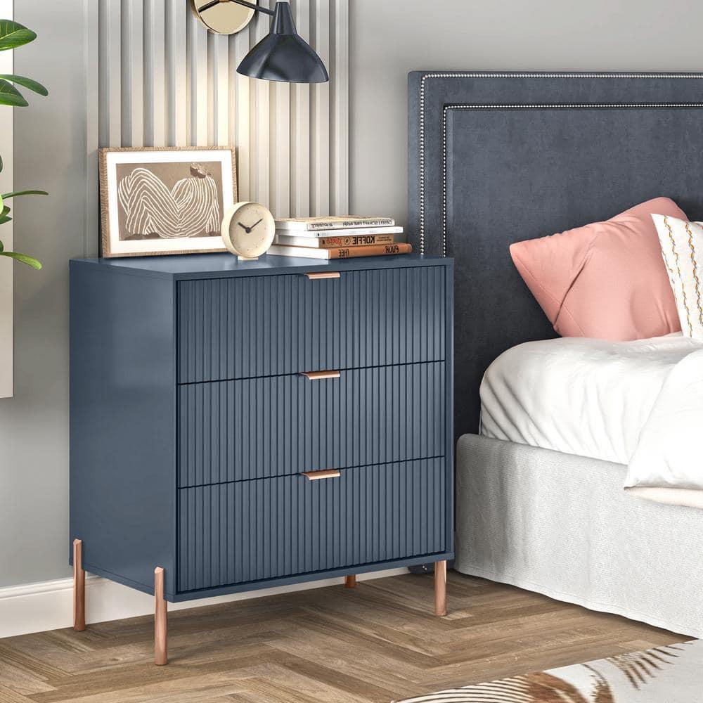 Festivo 3 Drawer Nightstand Navy: Scandinavian Modern Style, MDF Construction, Storage Solution with Anti-Tip Hardware