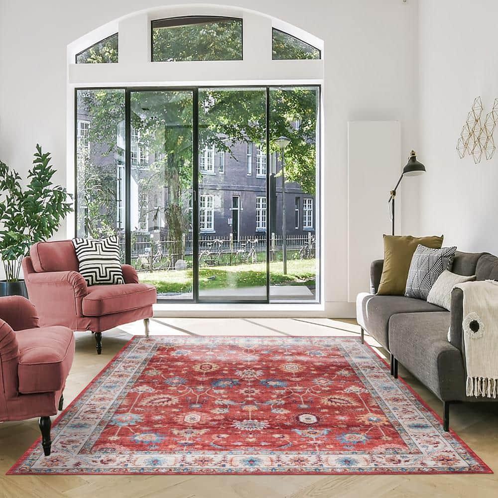 Gertmenian Crystal Print Cullen Red Cream Multi Traditional Transitional Casual Floral Washable Digital Print Indoor Area Rug