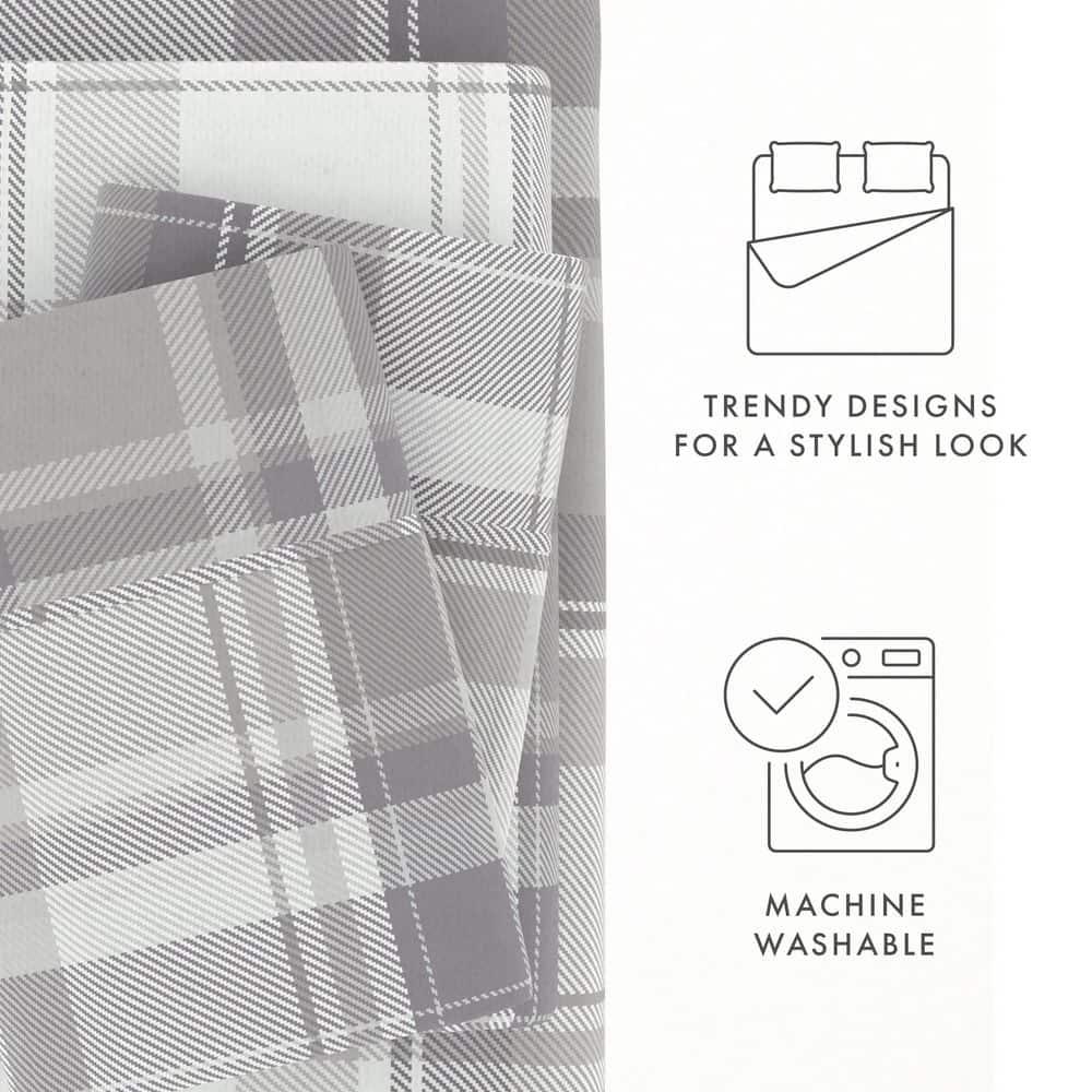 Light Grey Plaid 4 Piece 100% Cotton Flannel Deep Pocket Sheet Set, Queen, by Noble Linens