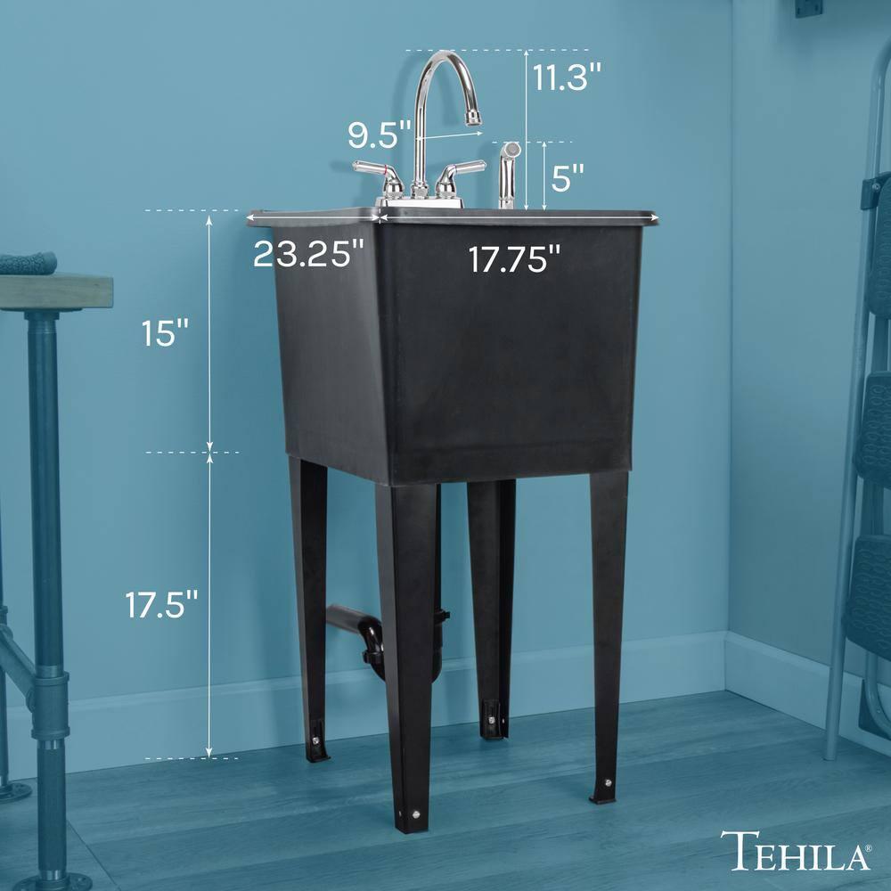 TEHILA Space Saver 16 Gallon Black Utility Sink with Chrome Finish Faucet & Side-Sprayer