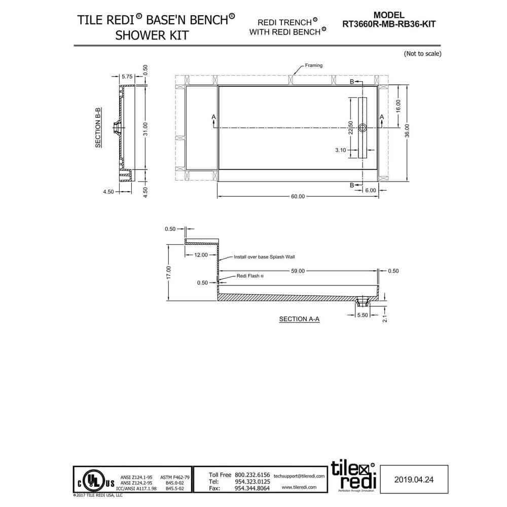 Tile Redi Rt3660r-Rb36-Kit Base'n Bench 72" X 36" Rectangular Shower Base - Grey w/ Matte