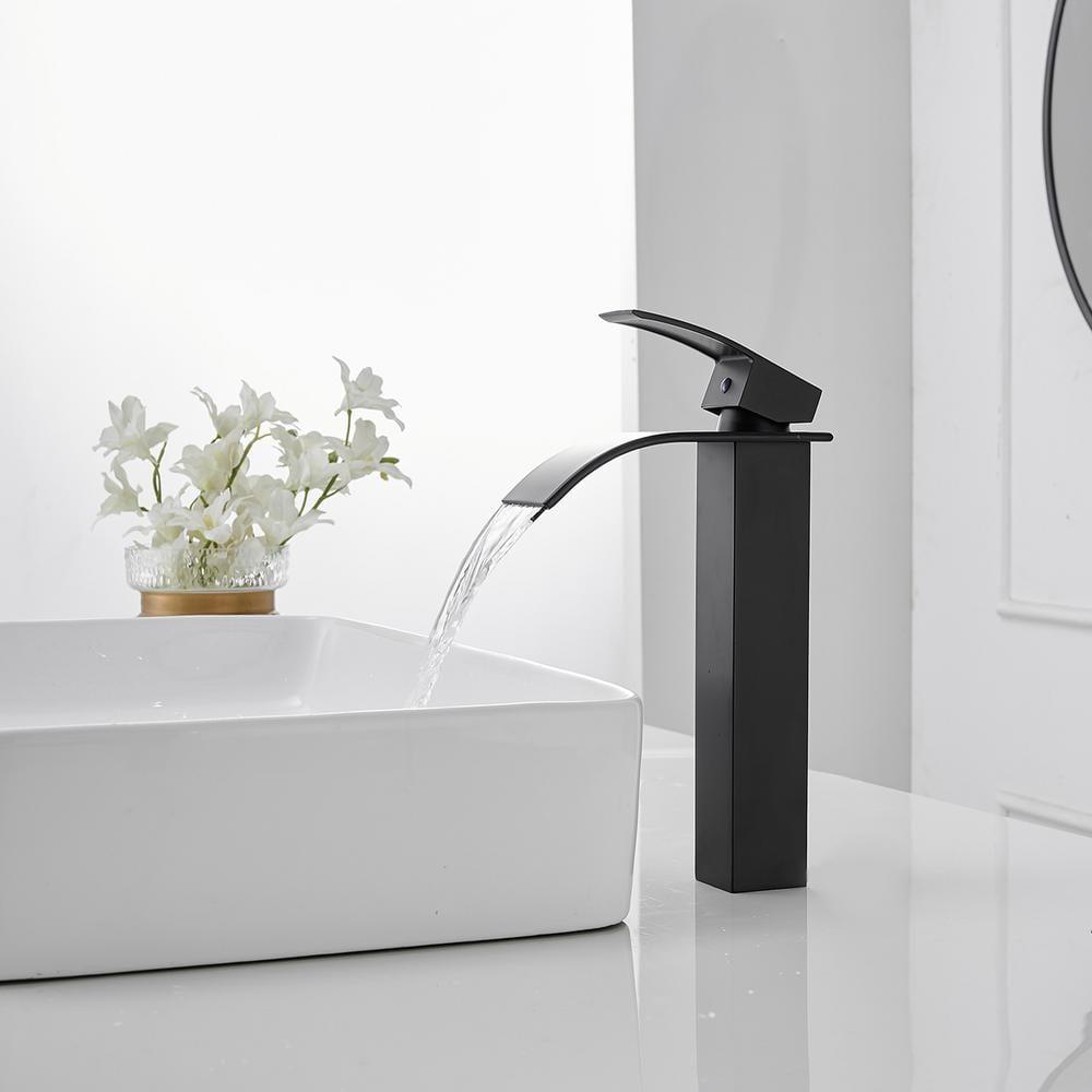 Waterfall Bathroom Faucet Single Handle，Bathroom Sink Faucet 1 Hole，Waterfall Faucet for Bathroom Sink，Vessel Sink Faucet Matte Black Tall Bathroom Faucet