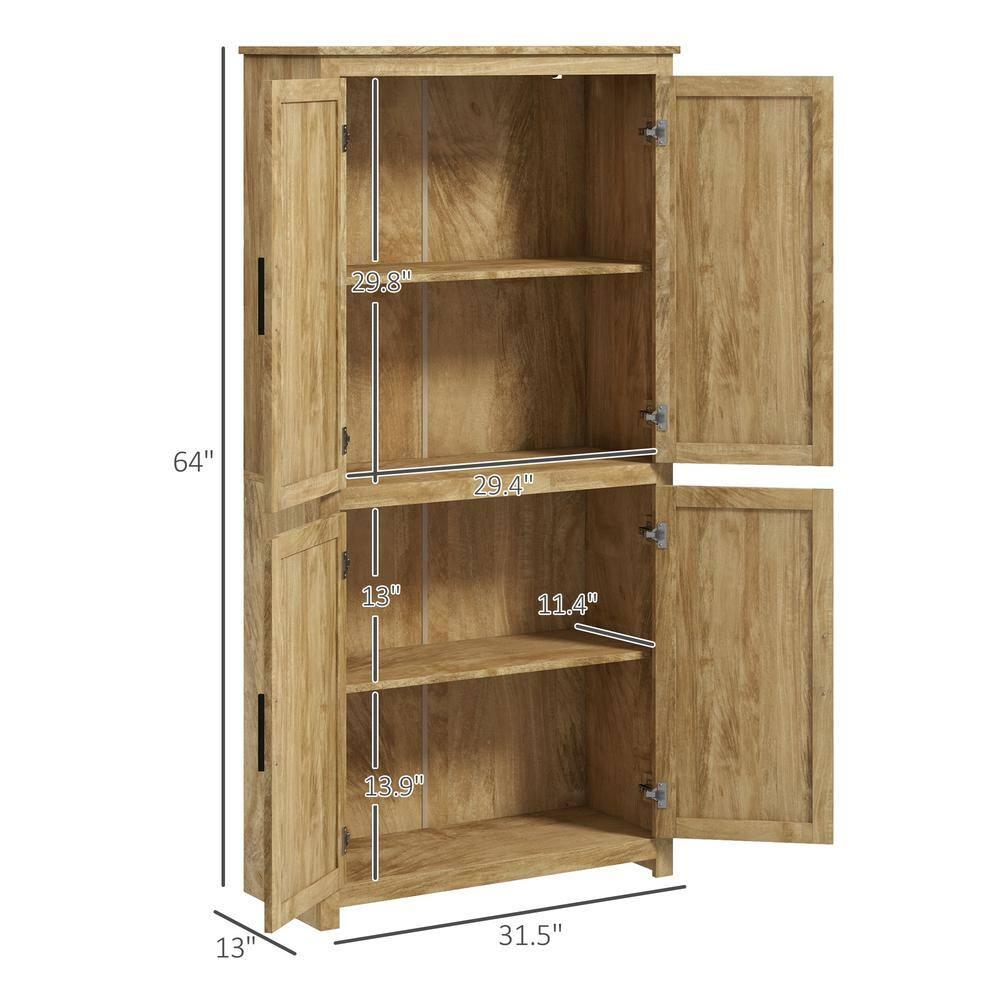 HOMCOM 64" Kitchen Pantry Storage Cabinet, Freestanding Kitchen Cabinet with 4 Rattan Doors, 4 Tier Shelves and Adjustable Shelf, Natural