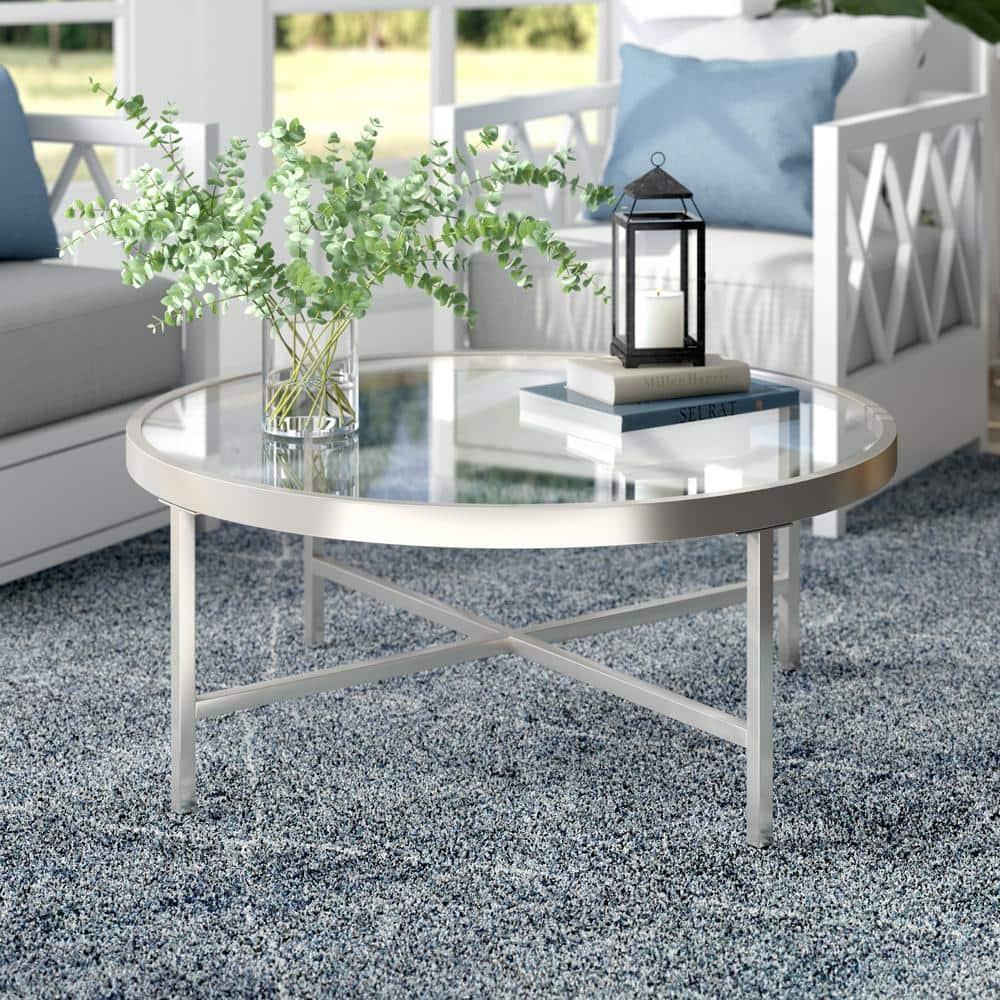 Evelyn&Zoe Xivil 36" Wide Round Coffee Table with Glass Top, Satin Nickel