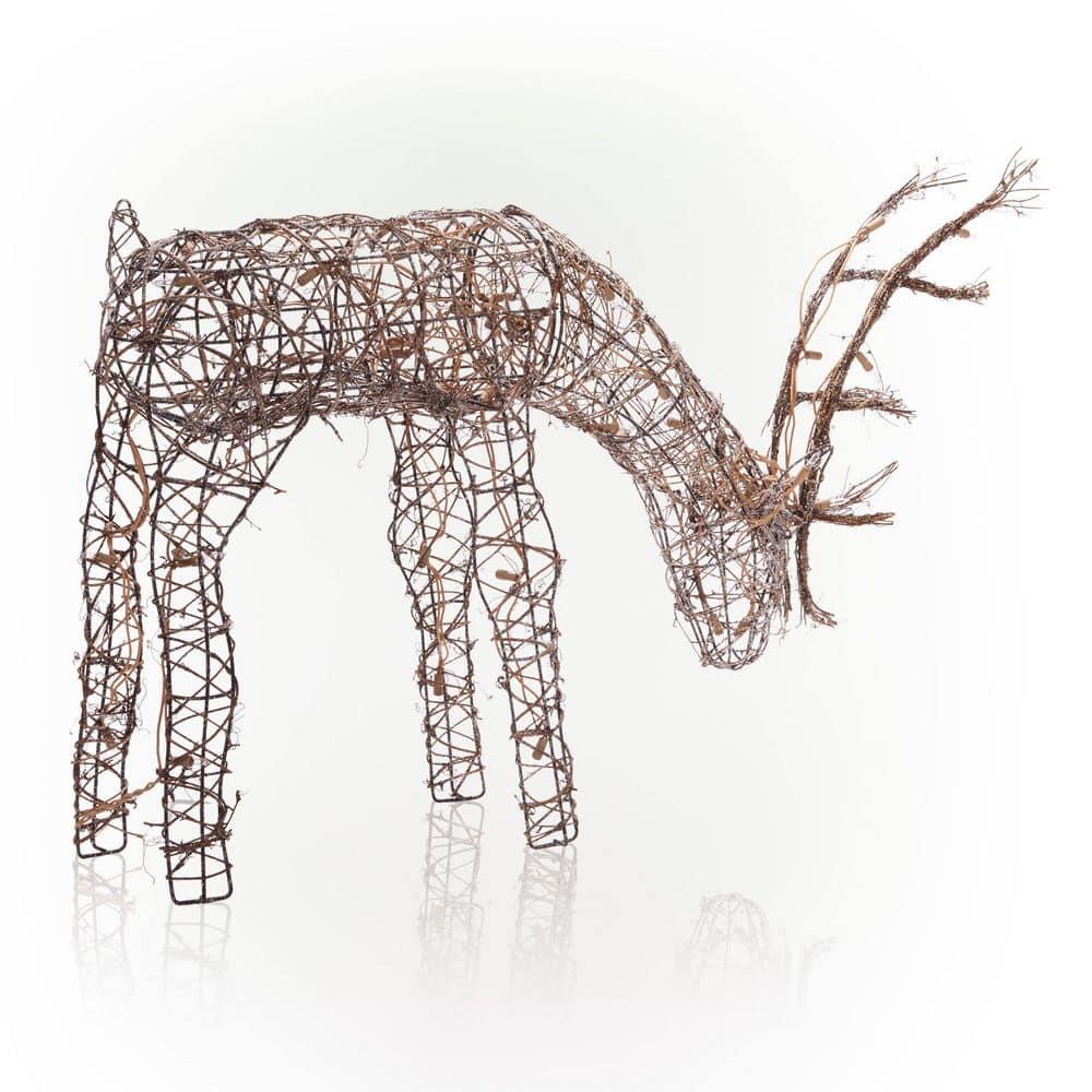Alpine Corporation 29" x 7" x 24" Light up Iron Rattan Grazing Reindeer Statue, Brown