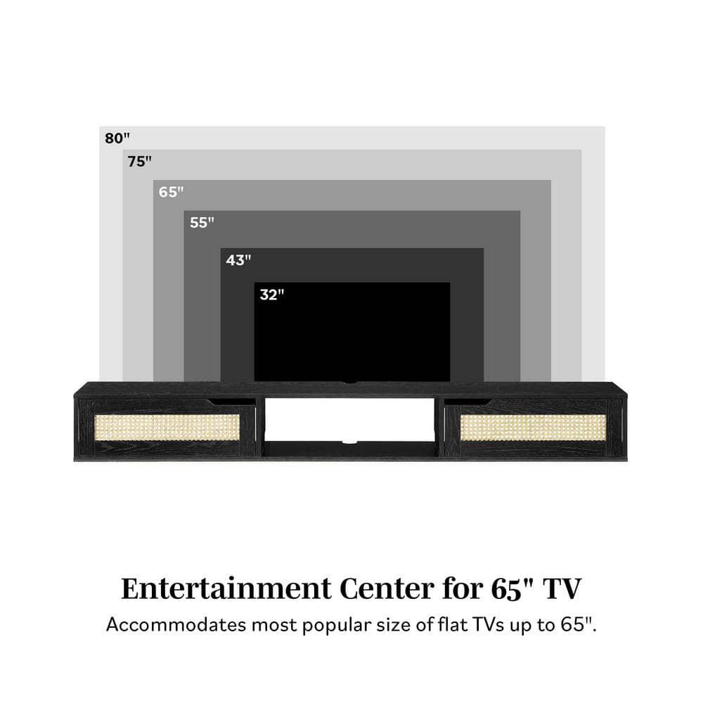 Walker Edison Modern Rattan-Door Floating TV stand for TVs up to 80”, Black
