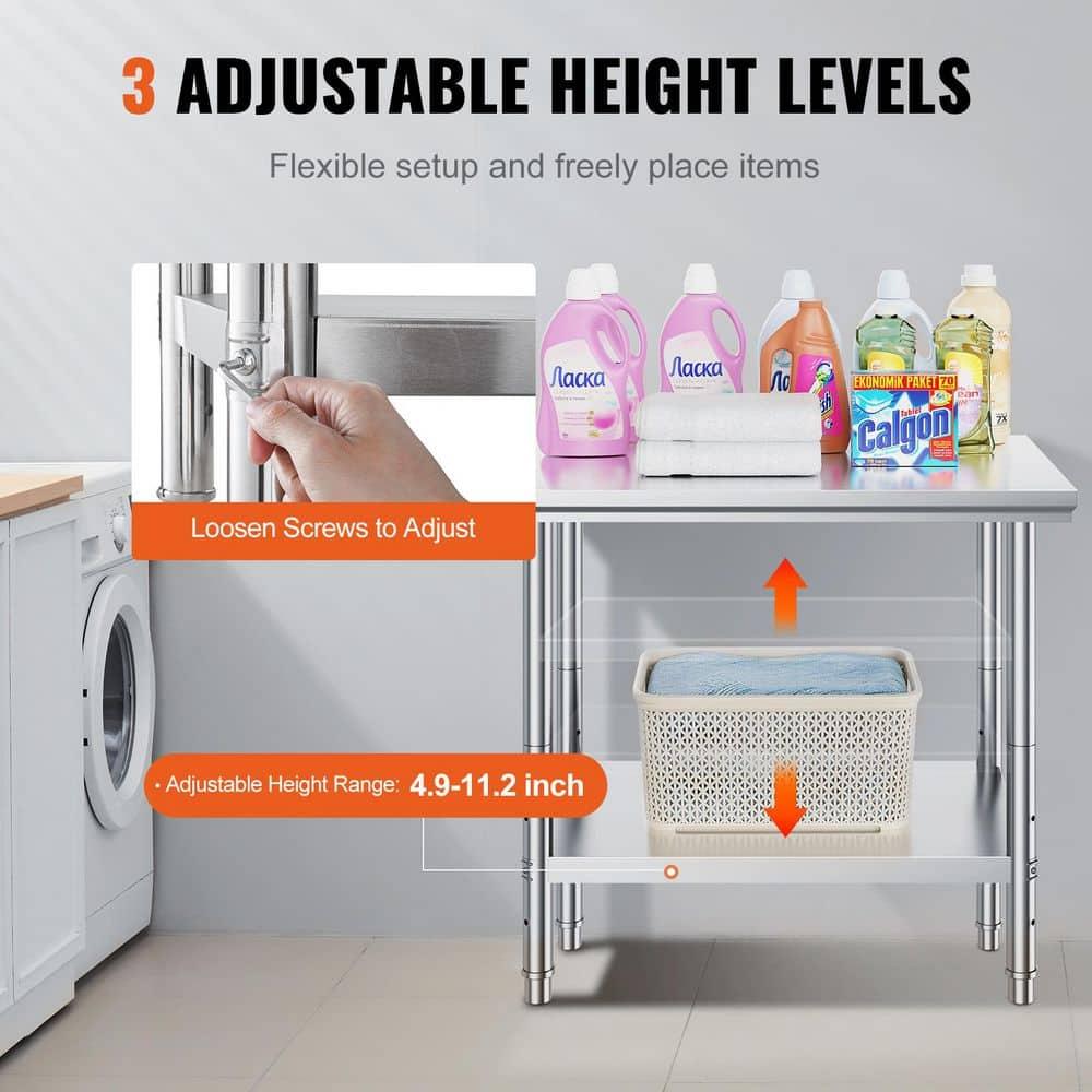 Stainless Steel Prep Table 35 x 24 x 31 in. 700 lbs. Silver Heavy Duty Metal Worktable with 3 Adjustable Height Levels