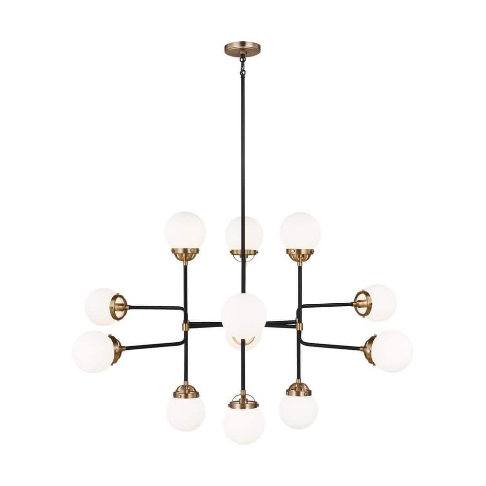 Cafe 12-Light Satin Brass Industrial Hanging Chandelier with Etched/White Inside Glass Shades