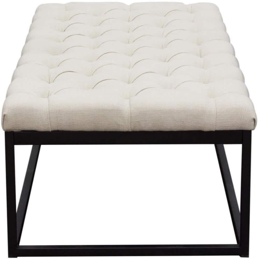 Large Beige Linen Upholstered Bench with Black Metal Base