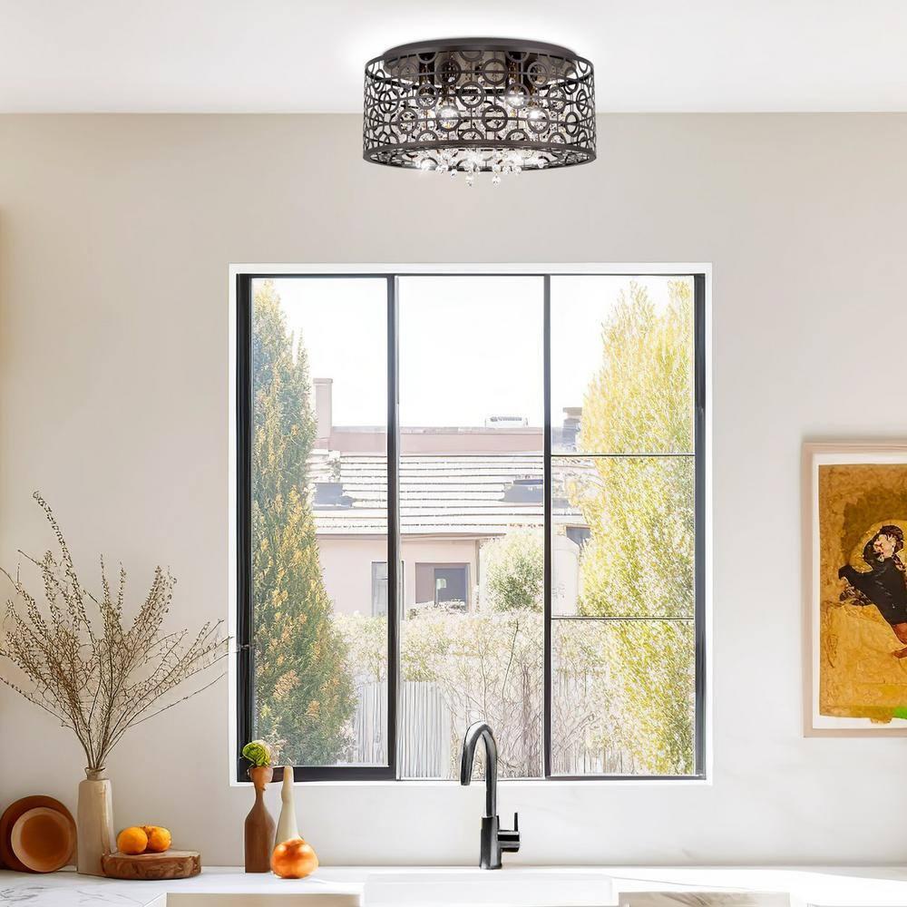Kira Home Brielle 15" Chic 4-Light Crystal Flush Mount Chandelier + Round Metal Shade, Dimmable, Oil Rubbed Bronze
