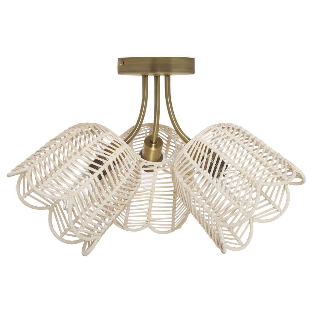 11.5" Meg Brushed Gold Metal Ceiling Light with Rattan Shade - River of Goods: Semi-Flush, 3-Light Fixture