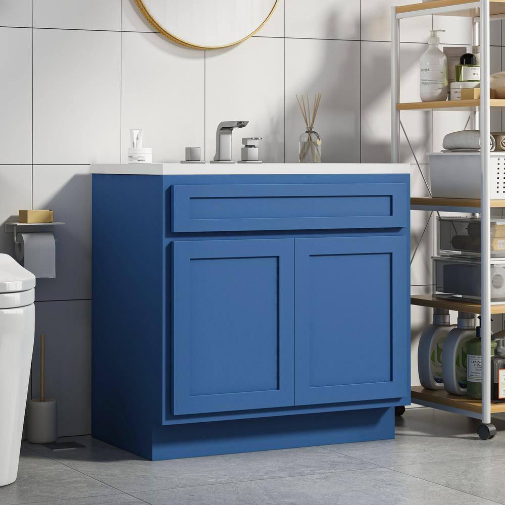 Vanity Art 36 Inch Double Shutter Door Bathroom Vanity Base Cabinet with Soft Closing Shaker Drawer, Strudy Floor Mount Storage Cabinet Organizer for Bedroom, Living Room, Kitchen, VA4036-BLUE