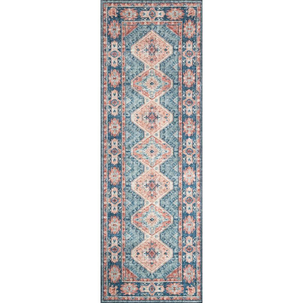 Skye Turquoise/Terracotta 6 ft. x 6 ft. Round Printed Distressed Oriental Area Rug
