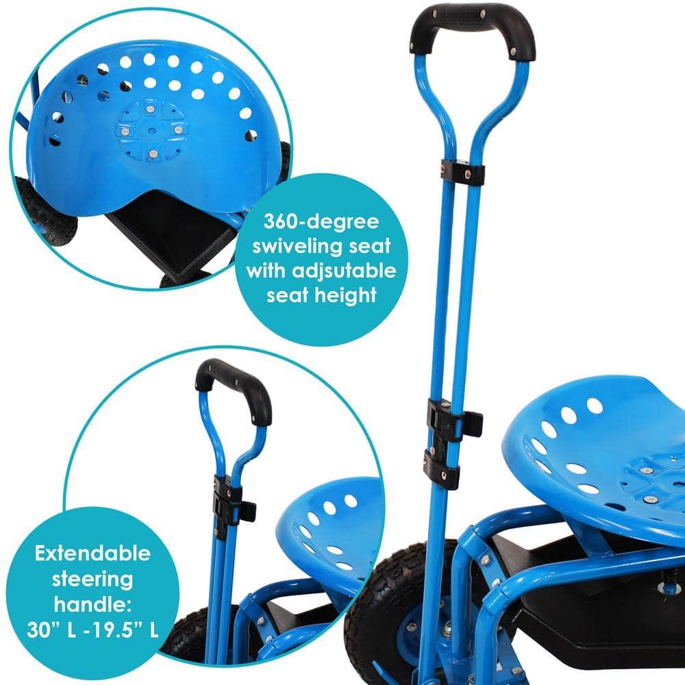 Sunnydaze Outdoor Heavy-Duty Steel Rolling Gardening Cart with Extendable Steer Handle, Swivel Chair, Tool Tray, and Basket - Blue