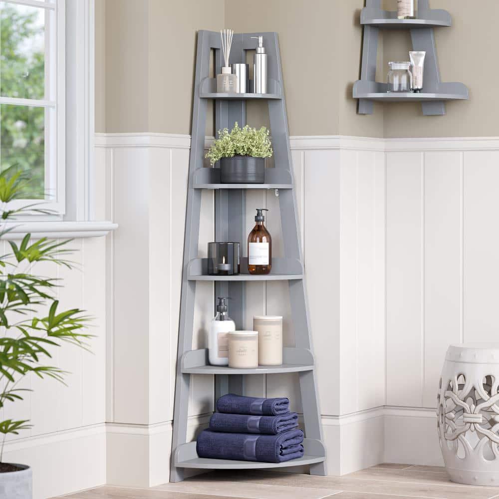 RiverRidge 5-Tier Corner Ladder Bookshelf for Kids Gray - Versatile Corner Shelf with Open Shelves Display Shelf for Books and Toys Corner Storage