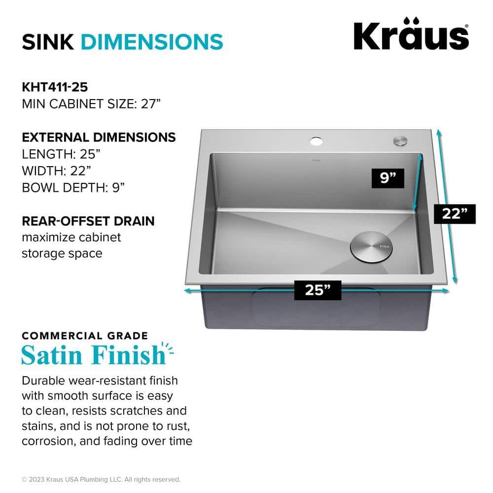 Kraus KHT411-25 Standart Pro Drop-in Topmount 16 Gauge Single Bowl 2-Hole Stainless Steel Set (5 Item Bundle: Sink, Bottom Grid, Assembly, Drain Cap, Kitchen Towel), 25 Inch, Tight Radius