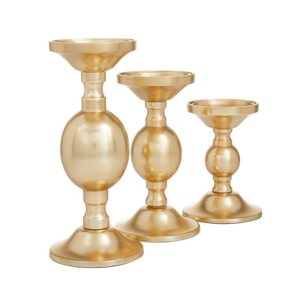 Deco 79 Aluminum Metal Decorative Candle Holder Pillar Candle Stand, Set of 3 Candlestick Holder 10", 8", 6"H, Gold