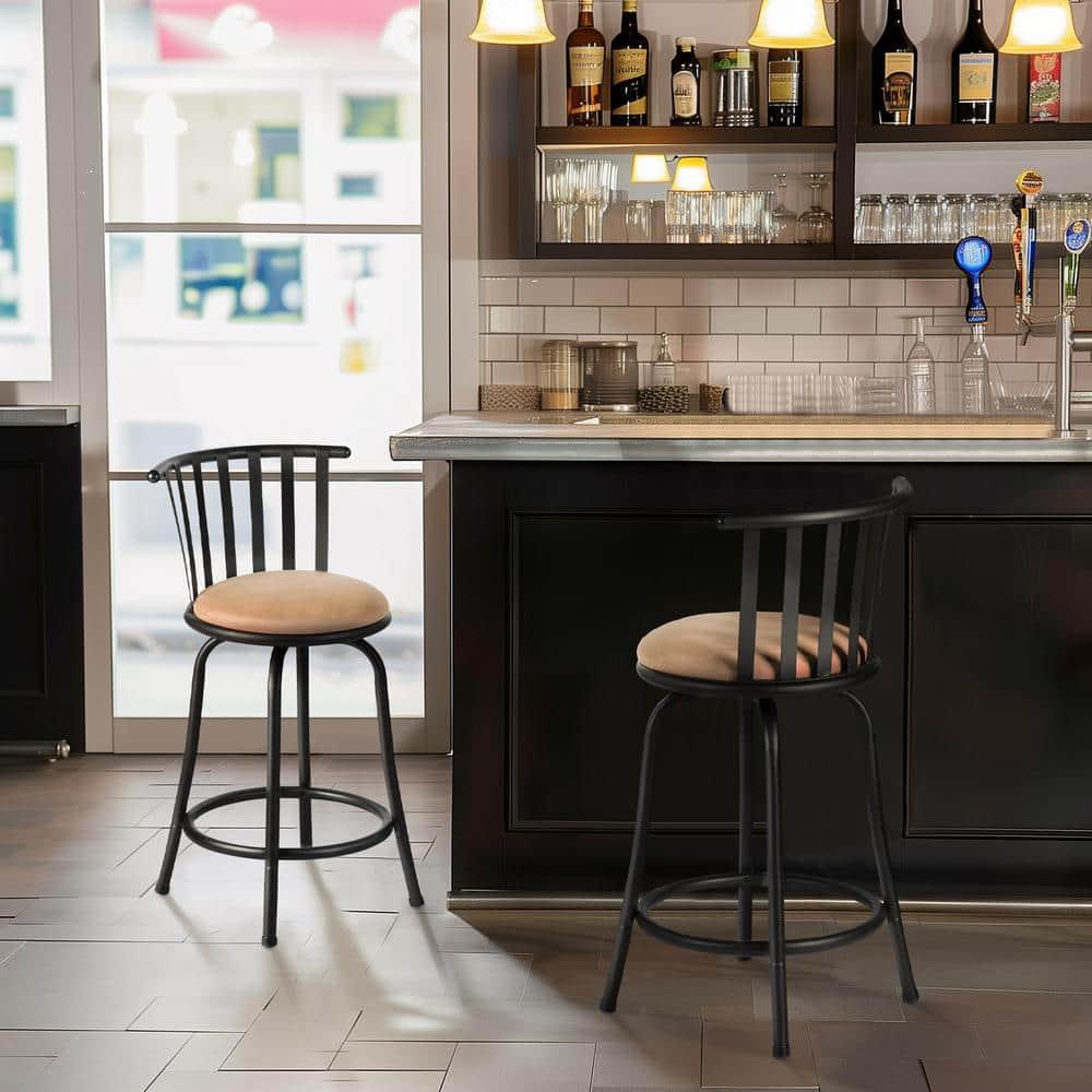 FurnitureR Brown Velvet 24'' Counter Stool Swivel High Back Barstools(Set of 2)