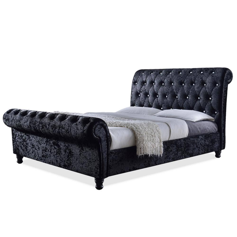 Queen Castello Velvet Upholstered Sleigh Platform Bed with Faux Crystal - Baxton Studio