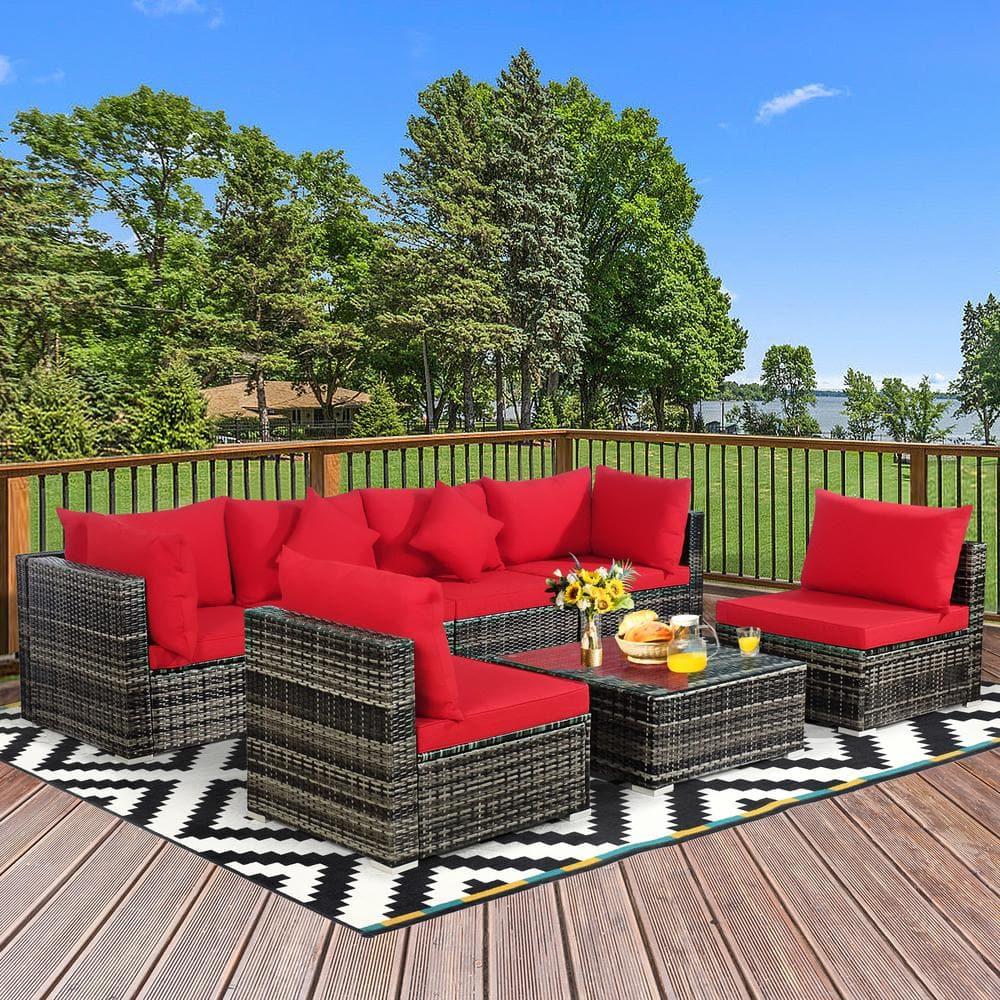 YYAo Garden Conversation Table Set, Conversation Loveseat Chairs Set,7 Pieces Patio Rattan Furniture Set Sectional Sofa Garden Cushion-Red