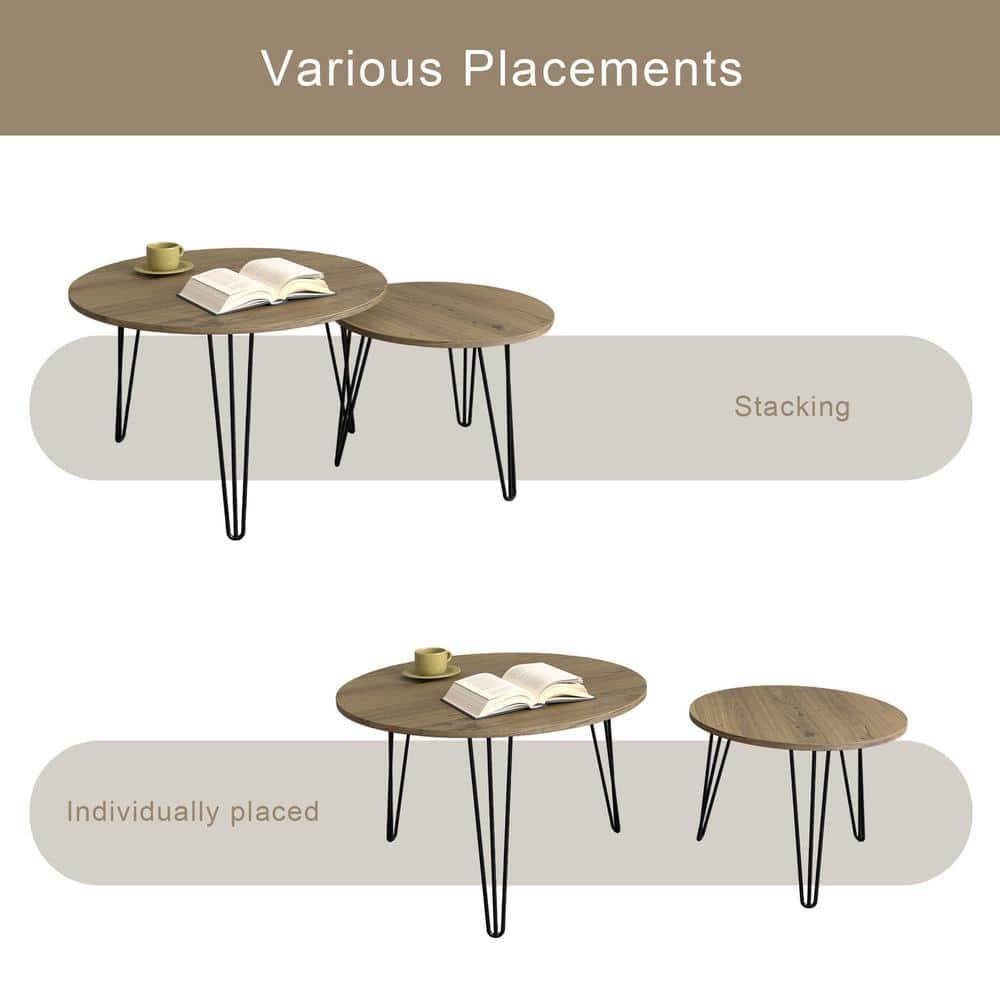 Yesfashion 27.56" Nesting Coffee Table Set Of 2, Modern Round Marble Pattern Wooden Side Tables With Metal Frame, Circular Nesting End Table Set For Living Room