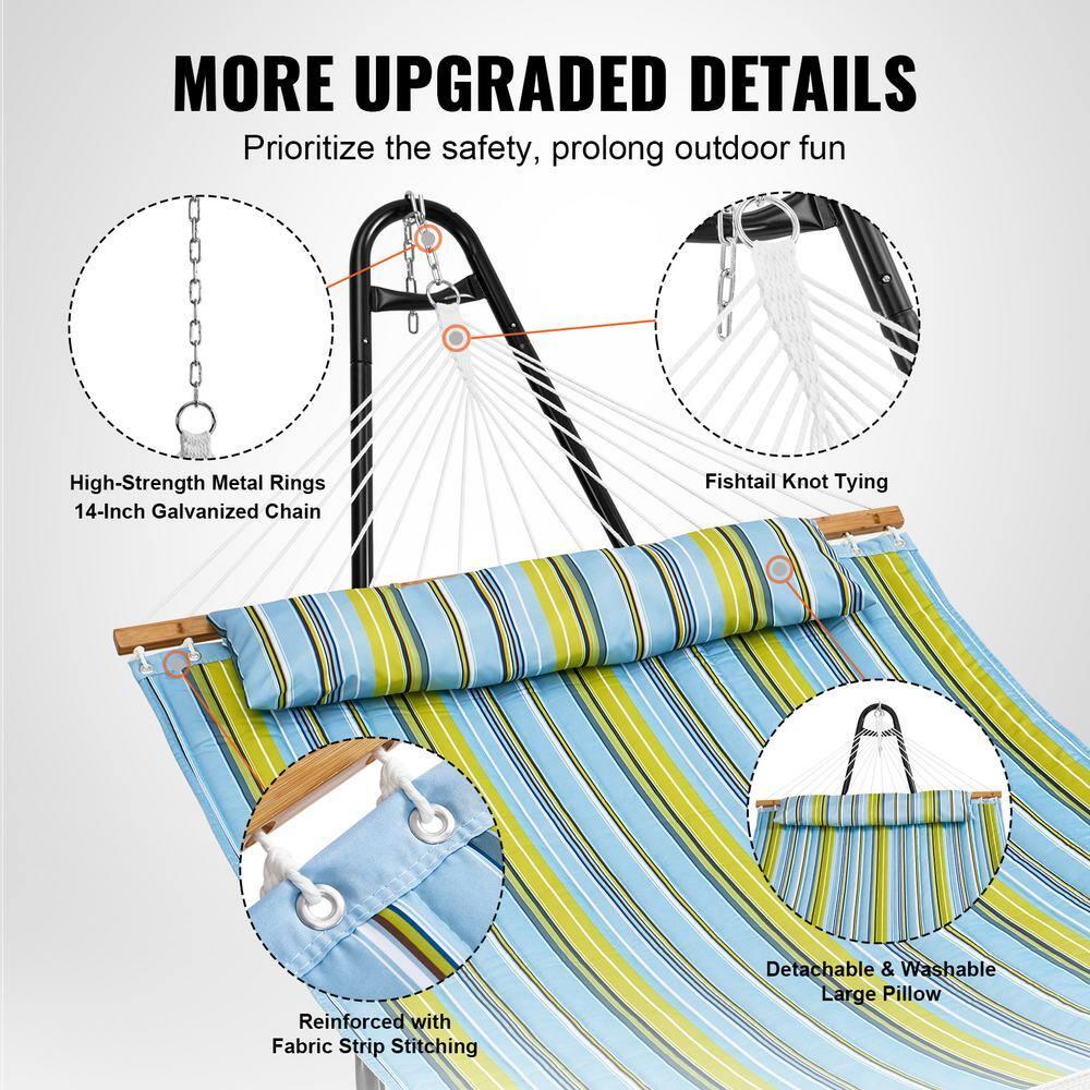 VEVOR Double Quilted Fabric Hammock with Universal Steel Stand, 2 Person Hammock with Stand, Detachable Pillow & Portable Bag 480lbs Capacity Free Standing Hammock for Outside, Patio, Garden, Beach